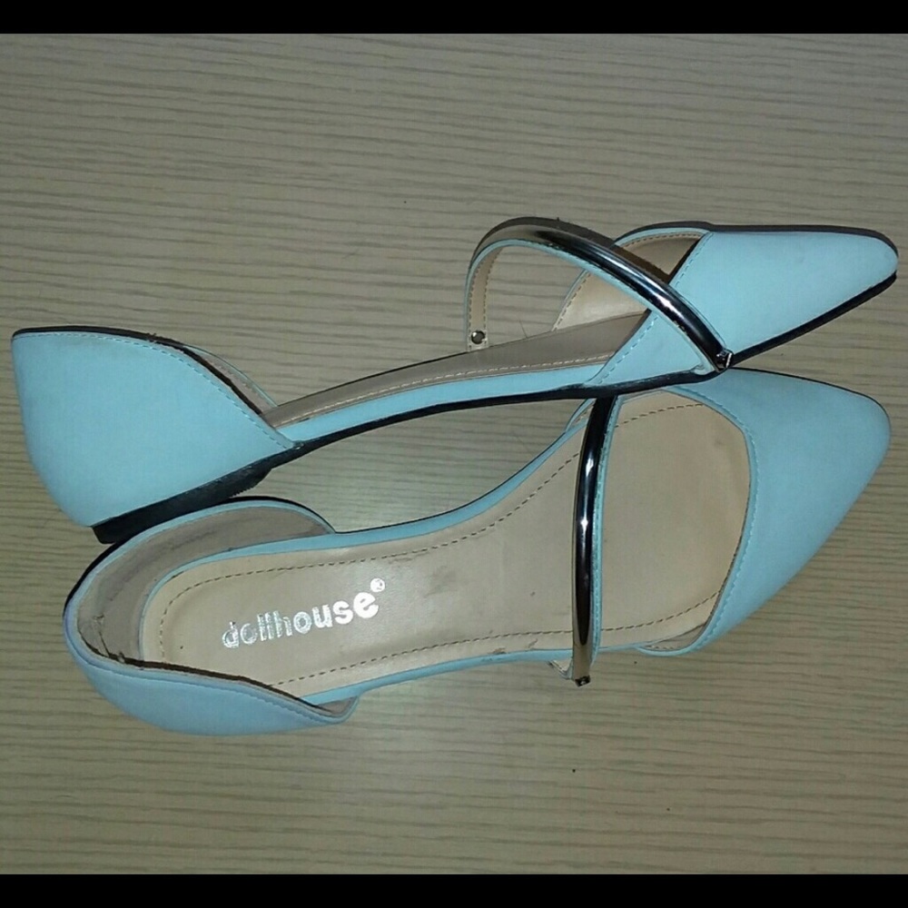 Light blue microsuede flats w/silver "bar" accent